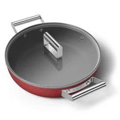 Smeg Sauteuse Aluminium Antiadhésive 28 Cm Rouge Mat Avec Couvercle En Verre Trempé
