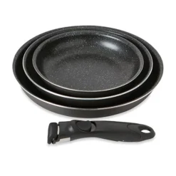 Set 3 Poêles Anti-adhésives Effet Pierre Et Manche Amovible