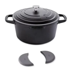 Lot Cocotte Légère Ronde En Fonte D'aluminium 20 Cm Coloris Noir Et Deux Maniques Silicone